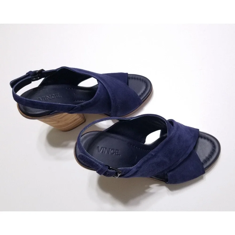 Vince Helena Suede Slingback Wooden Block Heel Sandals Indigo Blue NIB 6.5 7